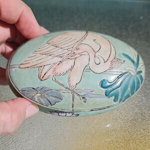 Antique 1920's Chinese Oval Bird-Themed Hand Painted Porcelain Trinket Box